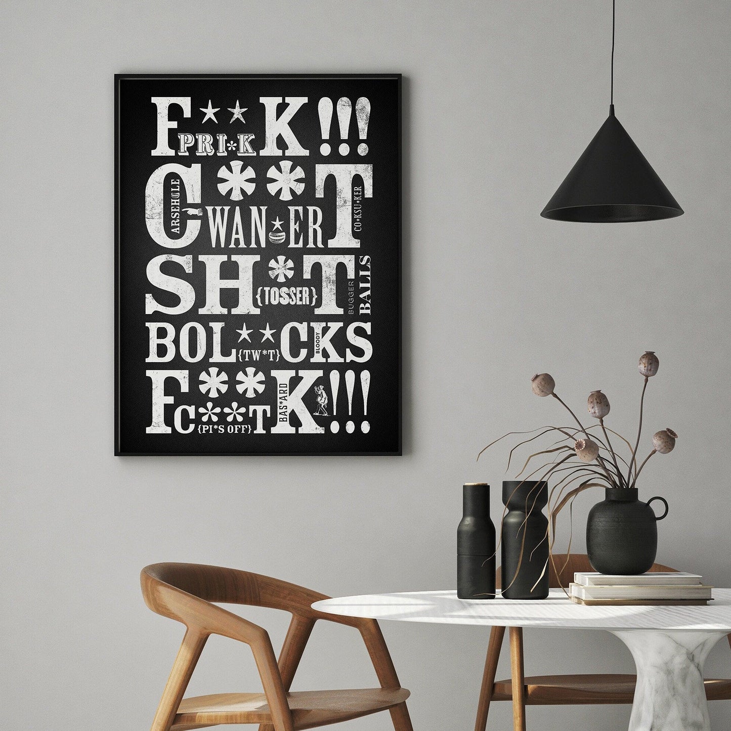 Monochrome Swearing Print | Curse Words Wall Art | Vintage Letterpress Typography | Unique Humorous Gift | Black and White Style