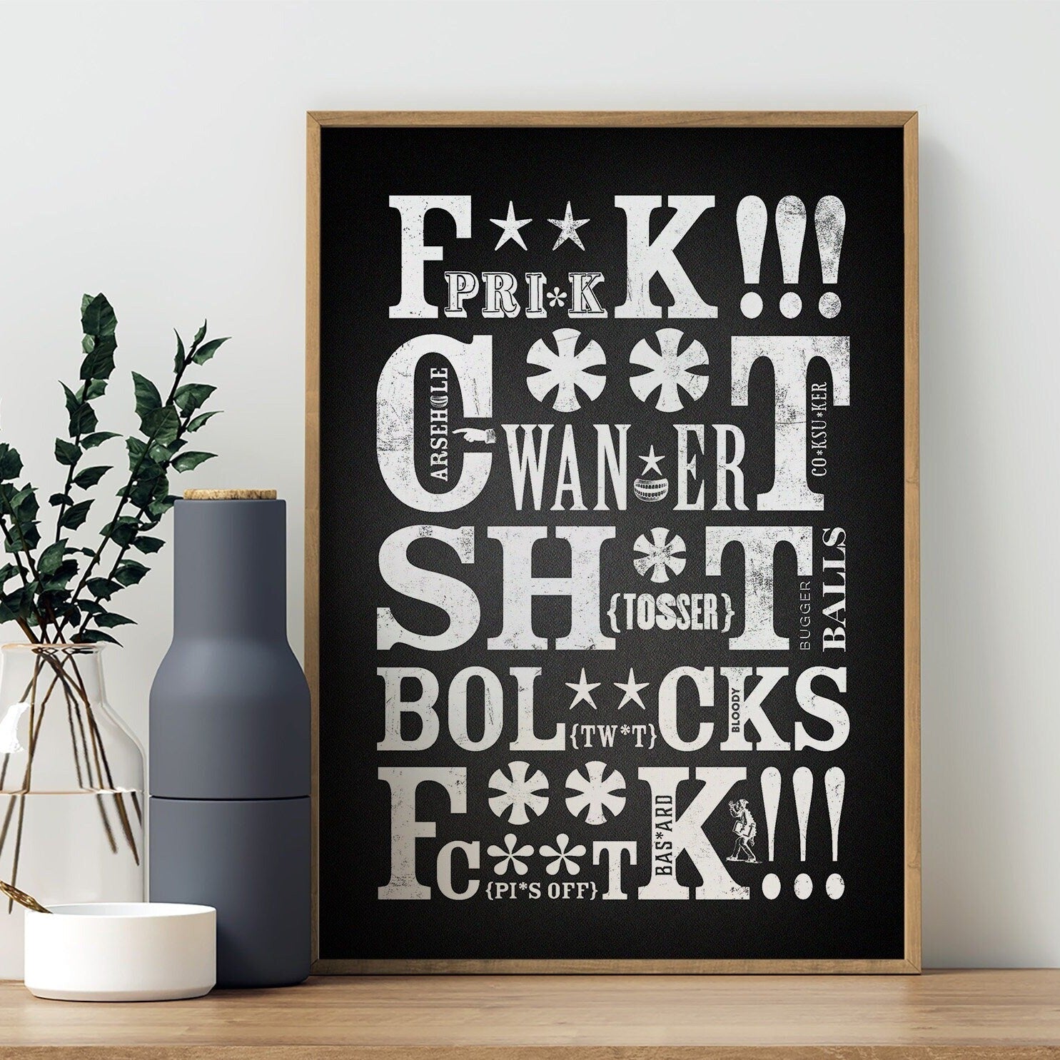 Monochrome Swearing Print | Curse Words Wall Art | Vintage Letterpress Typography | Unique Humorous Gift | Black and White Style