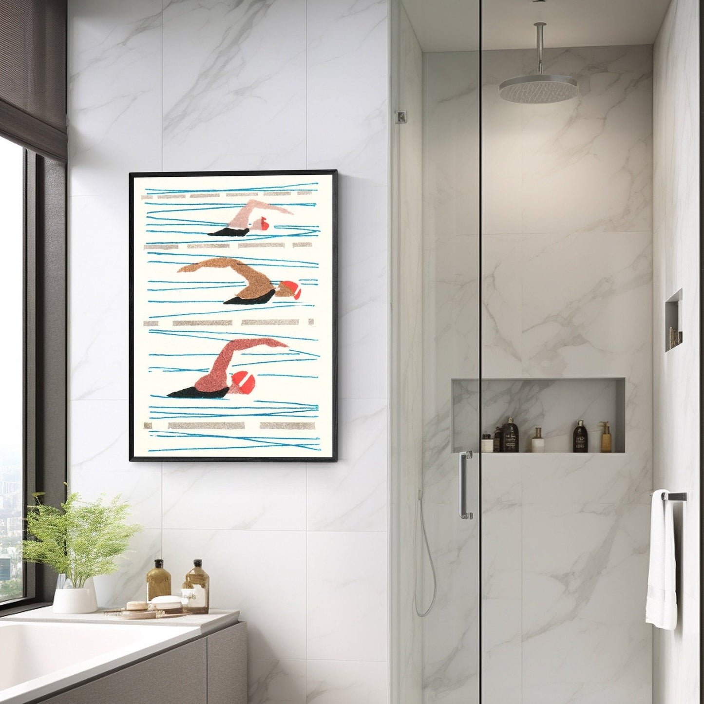 Swimming Race Print | Swimming Pool Art | Bathroom Decor | Retro Pool Poster | Unique Home Gift